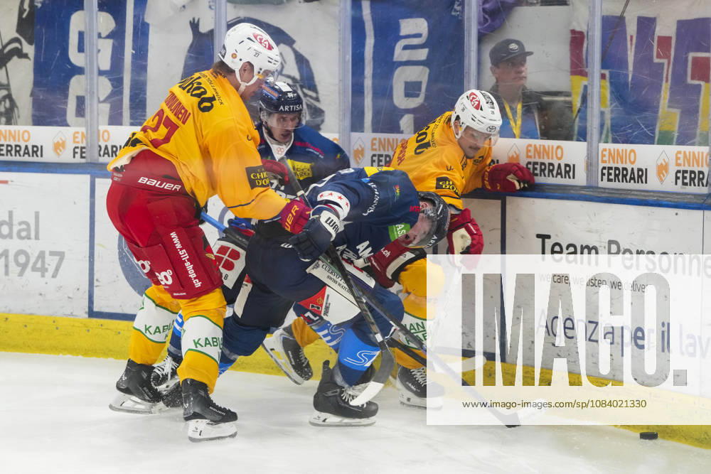 Quinto, Gottardo Arena, NL: HC Ambri Piotta vs. SCL Tigers—17 Miles Muller (Ambri) vs. 28 Dario Allenspach (Tigers) and 27 Santtu Kinnunen (Tigers)—Quinto, Gottardo Arena, Ticino, Switzerland