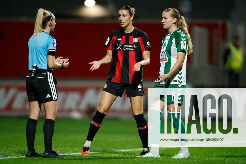 Soccer I Women s I 2026–2027 Season I Bundesliga I Bayer 04 Leverkusen vs. Werder Bremen I October 2, 2026: Referee Julia Boike speaks with Selina Ostermeier before a free kick 2, Bayer 04 Leverkusen’s Marie Gmeineder (6) and Werder Bremen’s Selina Ostermeier at the Ulrich Haberland Stadium in North Rhine-Westphalia, Germany