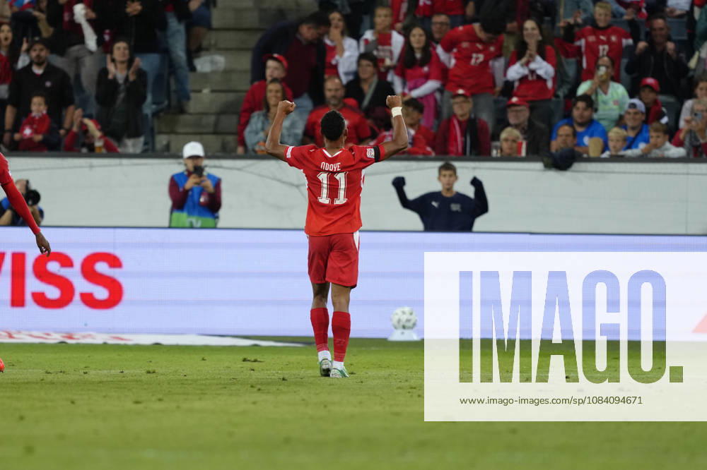 Dan Ndoye (11 SUI) celebrates his goal during the UEFA Nations League match between Switzerland and Slovenia at thermoplan arena on October 03, 2026 in Luzern, Switzerland.