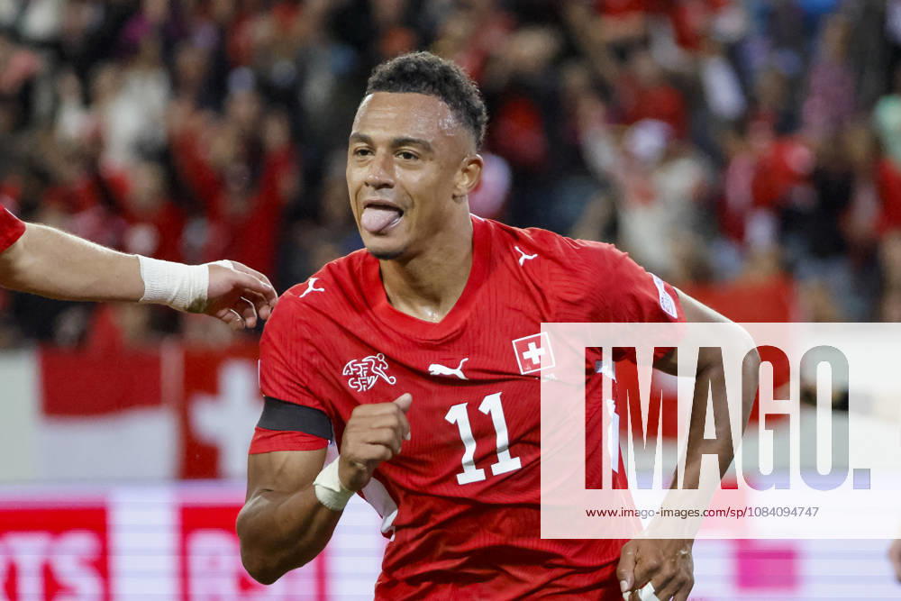 Dan Ndoye celebrates his goal for Switzerland, 11, after scoring to make it 2–1: joy, excitement, positive emotions, goal, Switzerland, UEFA, Nations League, Matchday 3, Switzerland vs. Slovenia, October 3, 2026, Lucerne Swissporarena, Switzerland