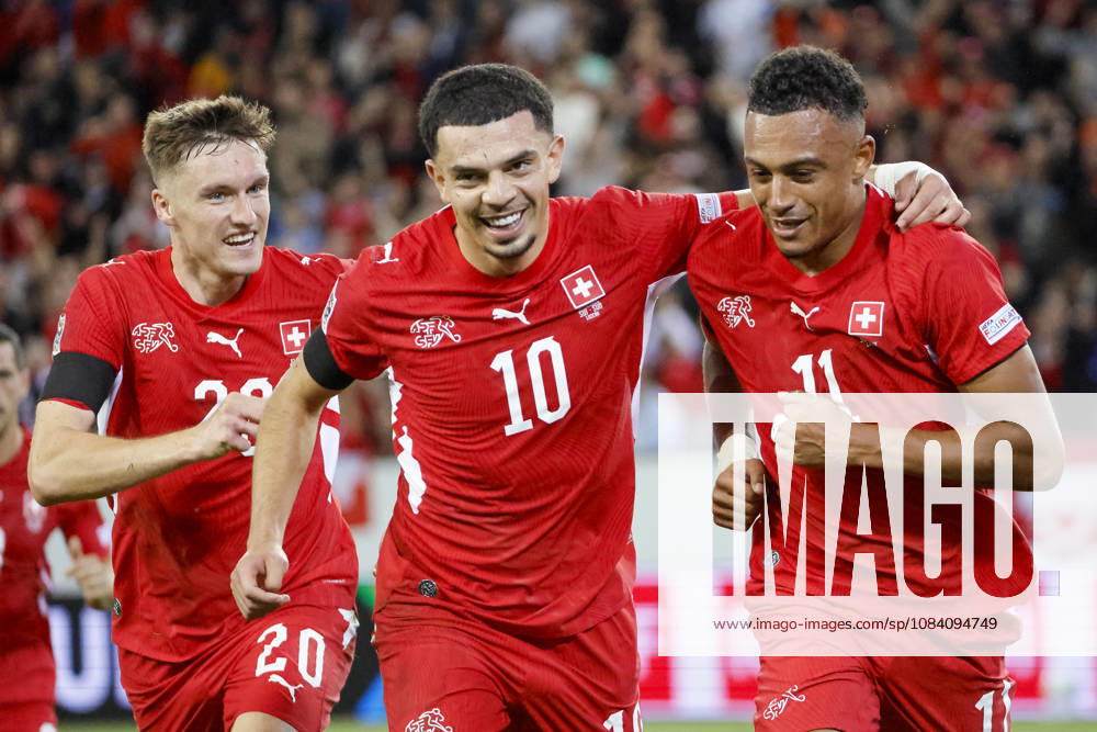Goal celebration in Switzerland after Dan Ndoye s 2-1 goal, Switzerland, 11, joy, excitement, positive emotions, goal, Switzerland, UEFA, Nations League, Matchday 3, Switzerland vs. Slovenia, October 3, 2026, Lucerne Swissporarena, Switzerland