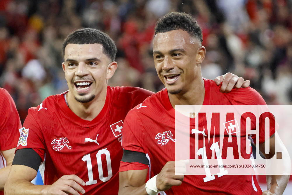 Goal celebration in Switzerland after Dan Ndoye (Switzerland, 11) scores the 2-1 goal; joy, excitement, positive emotions, goal, with Zeki Amdouni (Switzerland, 10); Switzerland, UEFA, Nations League, Matchday 3, Switzerland vs. Slovenia, October 3, 2026, Lucerne Swissporarena, Switzerland