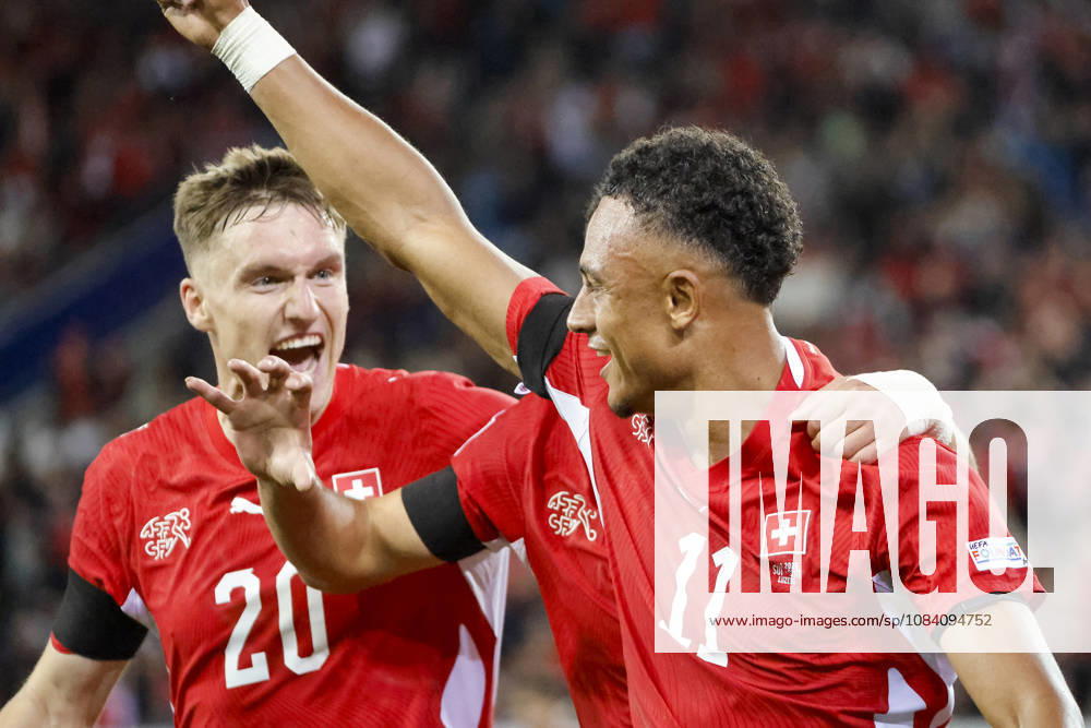 Goal celebration in Switzerland after Dan Ndoye (Switzerland, 11) scores the 2-1 goal; joy, excitement, positive emotions, goal, with Michel Aebischer (Switzerland, 20); Switzerland, UEFA, Nations League, Matchday 3, Switzerland vs. Slovenia, October 3, 2026, Lucerne Swissporarena, Switzerland