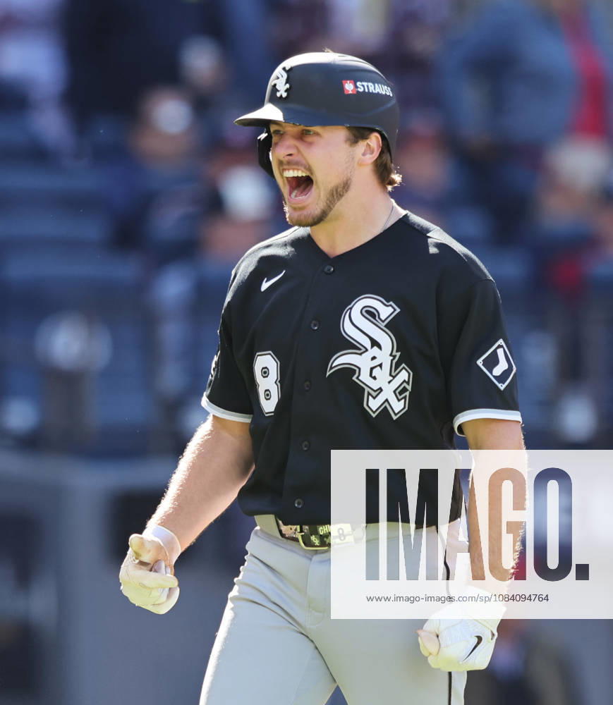 Chicago White Sox Kyle Teel celebrates after scoring a run in the seventh inning against the Cleveland Guardians in game one of the ALDS at Progressive Field in Cleveland, Ohio on Saturday, October 3, 2026. CLE202610032040 AARONxJOSEFCZYK