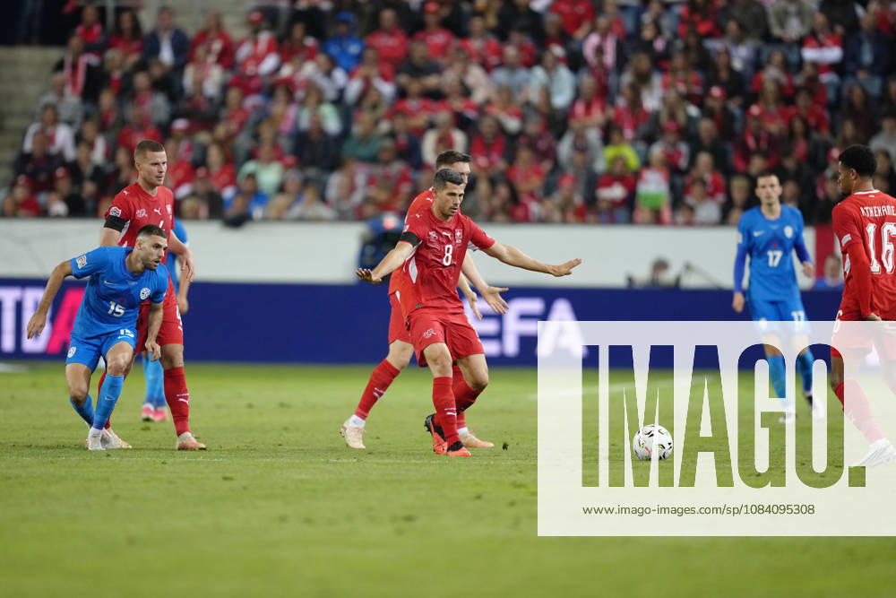 Remo Freuler (8 SUI) with a gesture to Zachary Athekame (16 SUI) during the UEFA Nations League match between Switzerland and Slovenia at thermoplan arena on October 03, 2026 in Luzern, Switzerland.