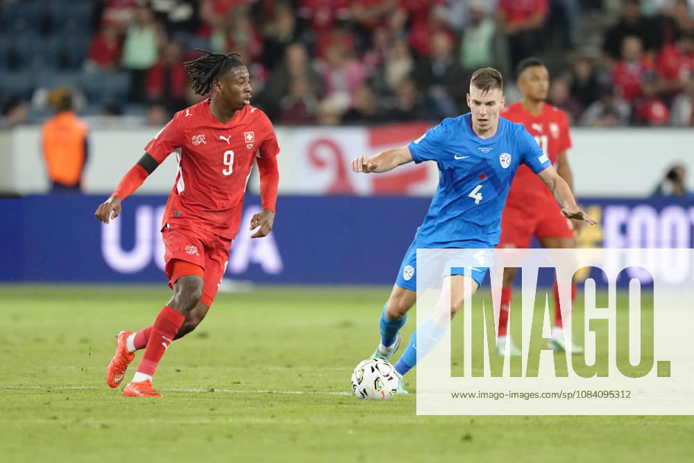 Johan Manzambi (9 SUI) in duel for the ball with Mark Zabukovnik (4 SLO) during the UEFA Nations League match between Switzerland and Slovenia at thermoplan arena on October 03, 2026 in Luzern, Switzerland.