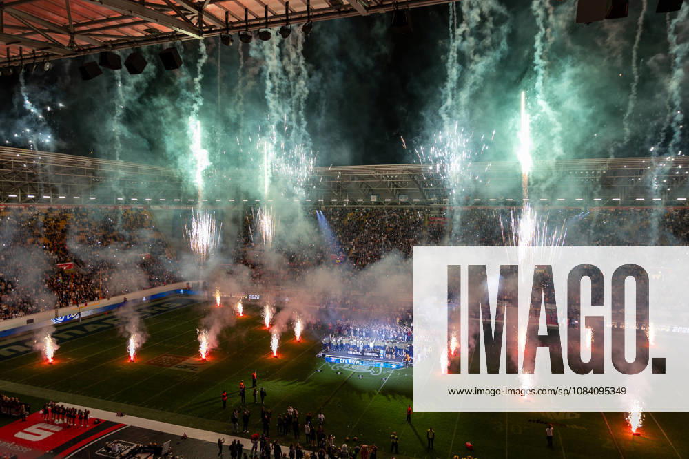 Firework after the game to celebrate the Dresden Monarchs win Dresden Monarchs vs Potsdam Royals, American Football, German Football League, Week 22, Championship Game, 2026, 03.10.2026, Dresden Rudolf Harbig Stadion Saxony Germany