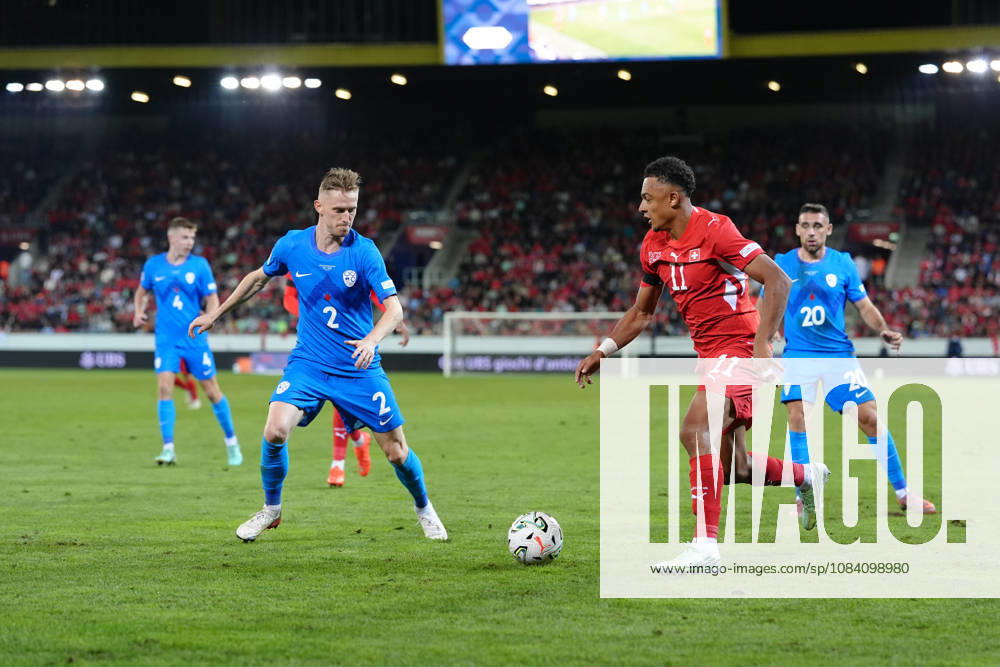 Dan Ndoye (11 SUI) against Zan Karnicnik (2 SLO) during the UEFA Nations League match between Switzerland and Slovenia at thermoplan arena on October 03, 2026 in Luzern, Switzerland.
