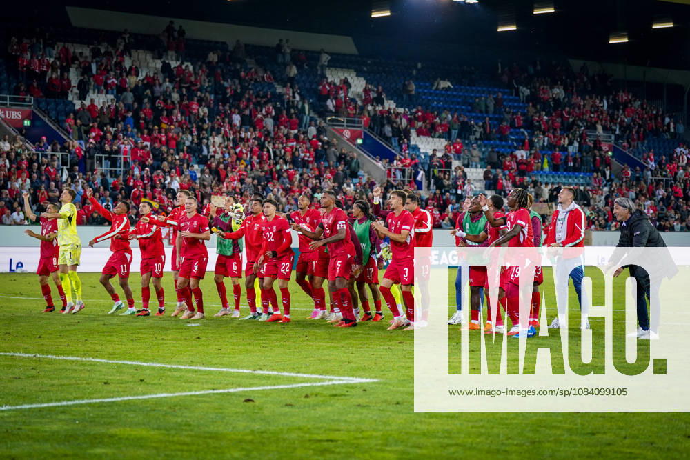 Soccer: UEFA Nations League 2026–2027, Matchday 3: Switzerland vs. Slovenia at Thermoplan Arena in Lucerne—Joy, excitement, and celebration among the Swiss team and fans after their 2–1 home victory