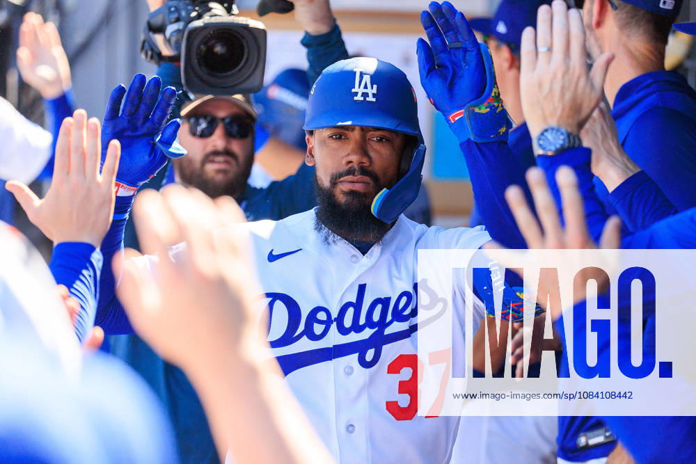 Teoscar Hernandez 37 of the Los Angeles Dodgers is congratulated in the dugout after hitting a two-run home run in the fourth inning during a NLDS Game 1 against the Atlanta Braves on Saturday October 3, 2026 at Dodger Stadium in Los Angeles, California. JAVIER ROJAS PI Dodgers Vs. Braves NLDS - Game 1 - ZUMAp124 20261003_zaa_p124_010