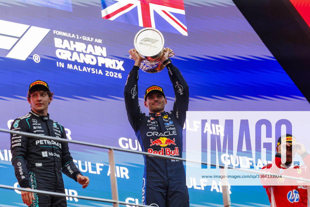 4th October 2026; Sepang IC, Kuala Lumpur, Malaysia; Formula 1, Bahrain Grand Prix, Race Day; Mercedes-AMG PETRONAS Formula One Team driver Kimi Antonelli of Italy, Oracle Red Bull Racing driver Max Verstappen of Netherlands, Scuderia Ferrari HP driver Lewis Hamilton of Great Britain celebrate being on the podium after the race StephenxBlackberry