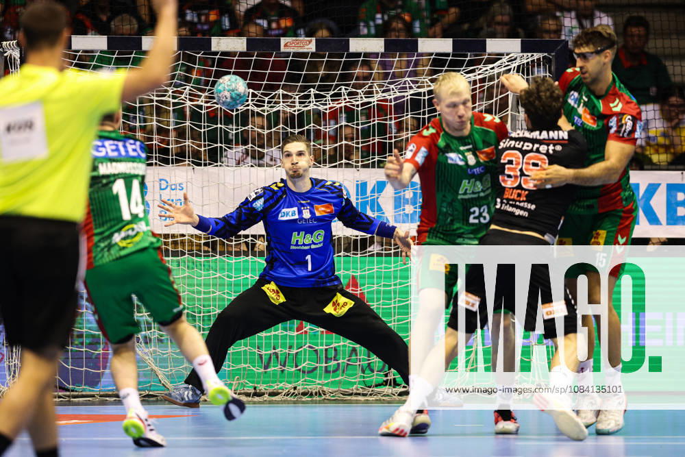 Goalkeeper Dominik Kuzmanovic, SC Magdeburg, 1st Handball Bundesliga, 2026–2027 season: SC Magdeburg vs. HC Erlangen at the GETEC Arena in Magdeburg. Action, handball, Germany