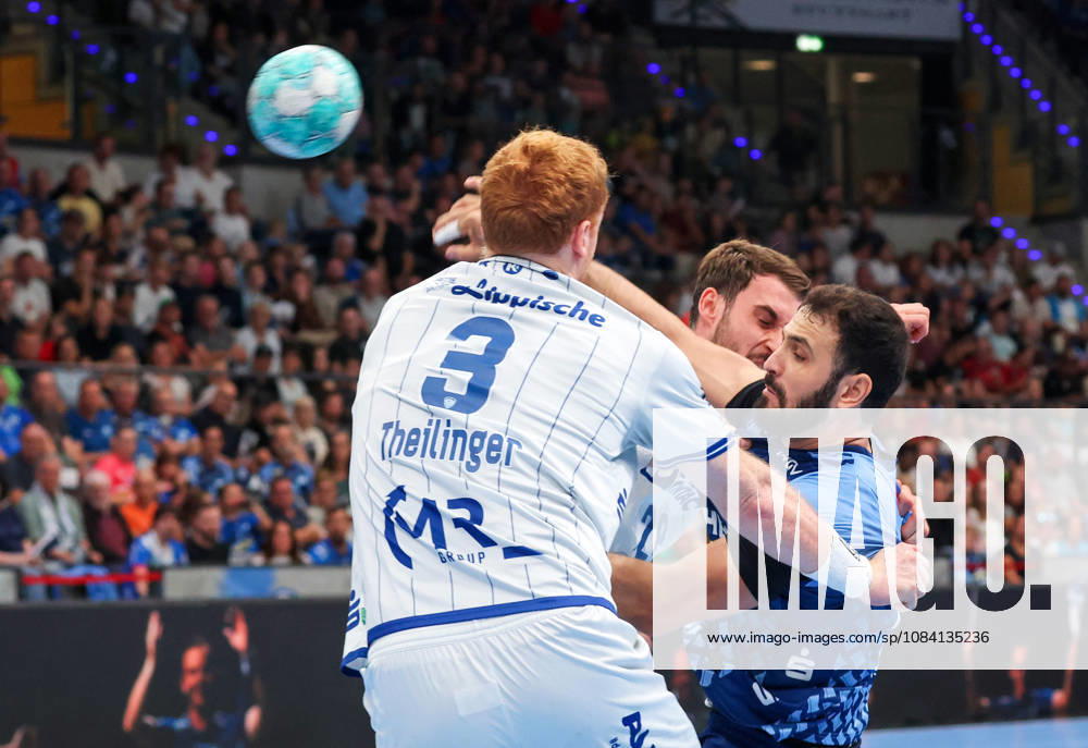 Germany, Stuttgart, DHB Cup 2026–2027 Season, TVB Stuttgart vs. TBV Lemgo Lippe, from left: Nicolai Theilinger (TBV), Joël Willecke (TBV), Mohamed Amine Darmoul (TVB)