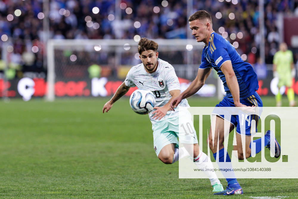 SOCCER - NL, KOS vs AUT PRISTINA,KOSOVO,04.OCT.26 - SOCCER - UEFA Nations League, OEFB international match, Länderspiel, Nationalmannschaft Kosovo vs Austria. Image shows Romano Schmid (AUT) and Baton Zabergja (KOS). GEPAxpictures Rauthner