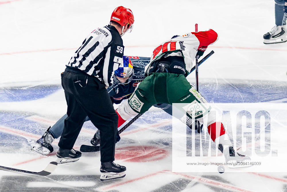 Linesman Jonas Reinold officiates a faceoff between Lucas Thaler of EHC Red Bull Munich, 48, and Philipp Krauss of the Augsburger Panther, 20 (GER), EHC Red Bull Munich vs. Augsburger Panther, DEL, 2026–2027 season, Matchday 6, October 4, 2026. Photo: HMB Media, Franz Feiner