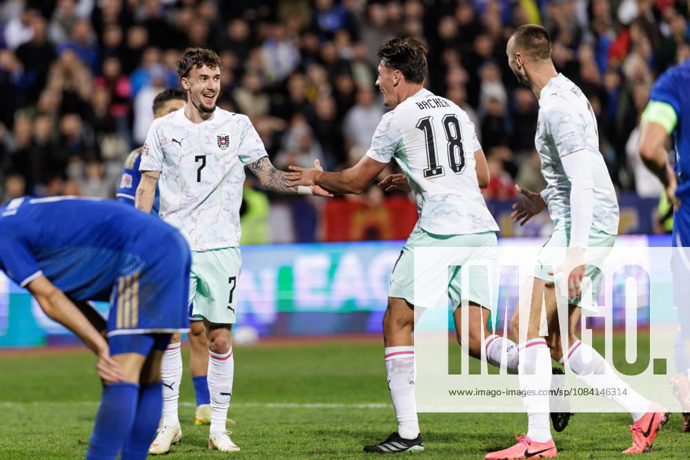 SOCCER - NL, KOS vs AUT PRISTINA,KOSOVO,04.OCT.26 - SOCCER - UEFA Nations League, OEFB international match, Länderspiel, Nationalmannschaft Kosovo vs Austria. Image shows the rejoicing of Christoph Lang, Felix Bacher and Sasa Kalajdzic (AUT). GEPAxpictures Rauthner
