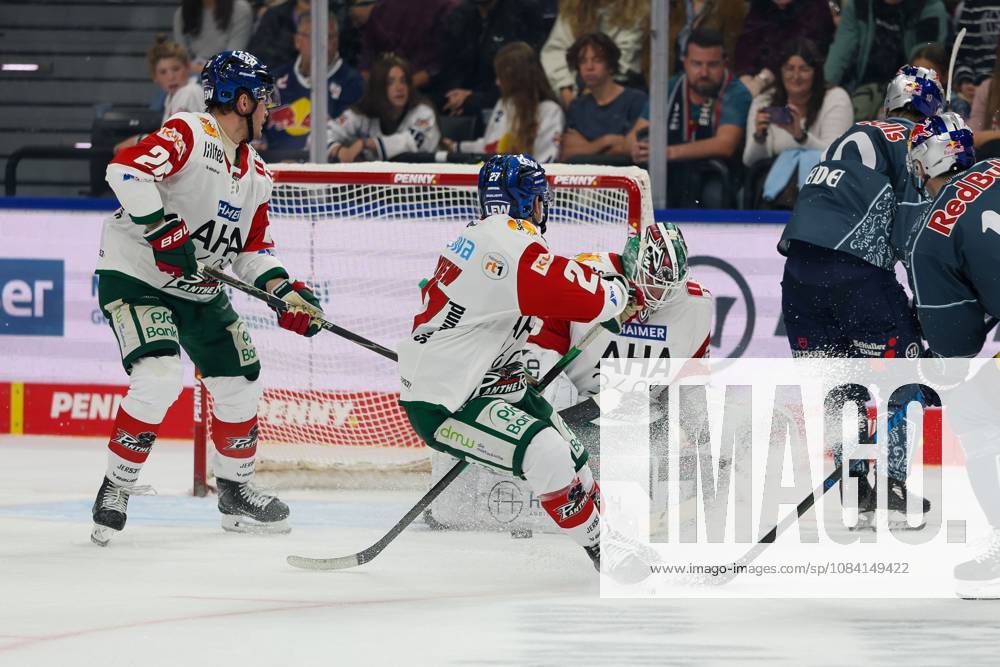 Goalie save by Tobias Ancicka, No. 45, Augsburg Panthers; EHC Red Bull Munich vs. Augsburg Panthers, Matchday 6, Ice Hockey, Penny DEL, October 3, 2026, Munich, Bavaria, Germany