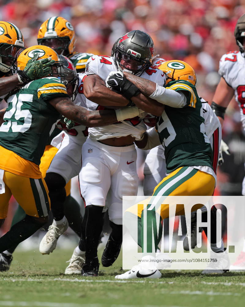 Oct 4, 2026; Tampa, FL, USA; Tampa Bay Buccaneers running back Sean Tucker (44) fights for a first down on a 4th & 1 during the NFL, American Football Herren, USA game between the Green Bay Packers and Tampa Bay Buccaneers at Raymond James Stadium. Mandatory Credit: Taylor McFee-Cal Media Tampa USA - ZUMAc04_ 20261004_zma_c04_069