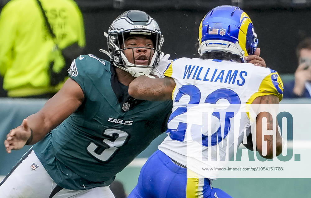 Oct 4, 2026; Philadelphia, PA, USA; Philadelphia Eagles linebacker Nolan Smith Jr. (3) tries to tackle Los Angeles Rams running back Kyren Williams (23) durin g a run at Lincoln Financial Field. Mandatory Credit: -Cal Media Philadelphia USA - ZUMAcs17 20261004_faf_cs17_159