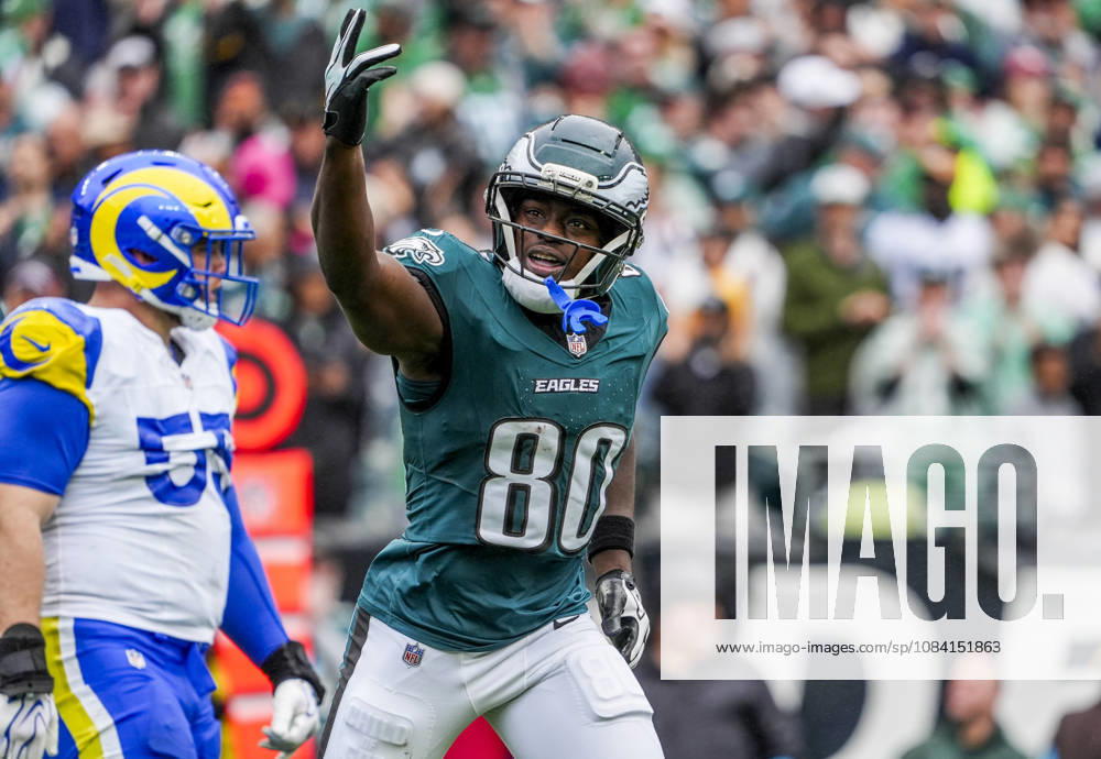 Oct 4, 2026; Philadelphia, PA, USA; Philadelphia Eagles wide receiver Darius Cooper (80) celebrates after catching a touchdown pass. at Lincoln Financial Field. Mandatory Credit: -Cal Media Philadelphia USA - ZUMAcs17 20261004_faf_cs17_171