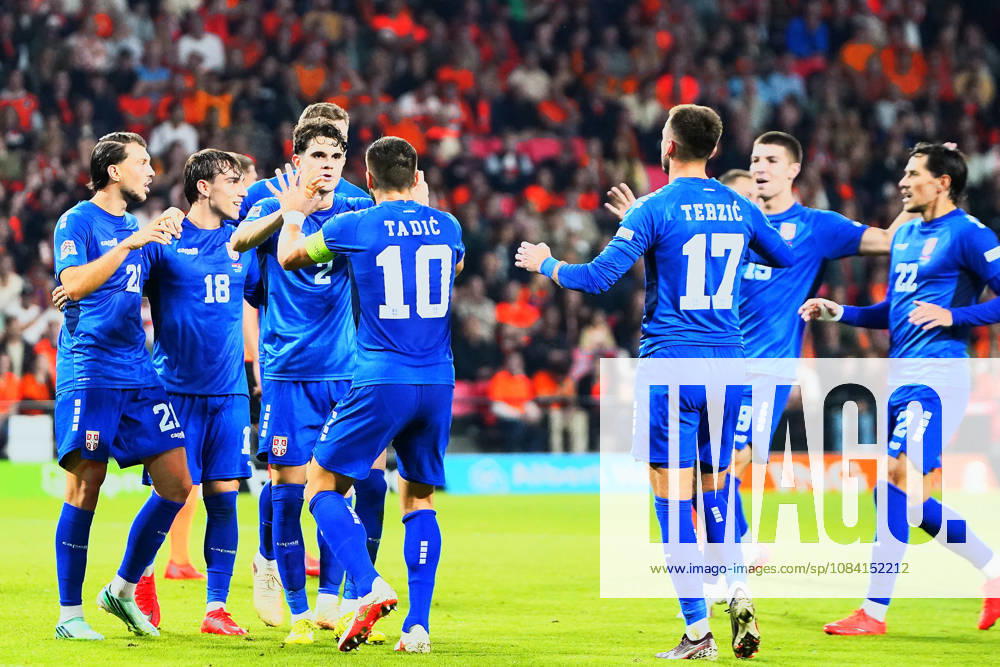 2026-10-04 UEFA Nations League: Netherlands v Serbia EINDHOVEN, NETHERLANDS - OCTOBER 4: Team Serbia celebrating the goal during the UEFA Nations League match between Netherlands and Serbia at Philips Stadion on October 4, 2026 in Eindhoven, Netherlands. Eindhoven Philips Stadion Netherlands Content not available for redistribution in The Netherlands directly or indirectly through any third parties.