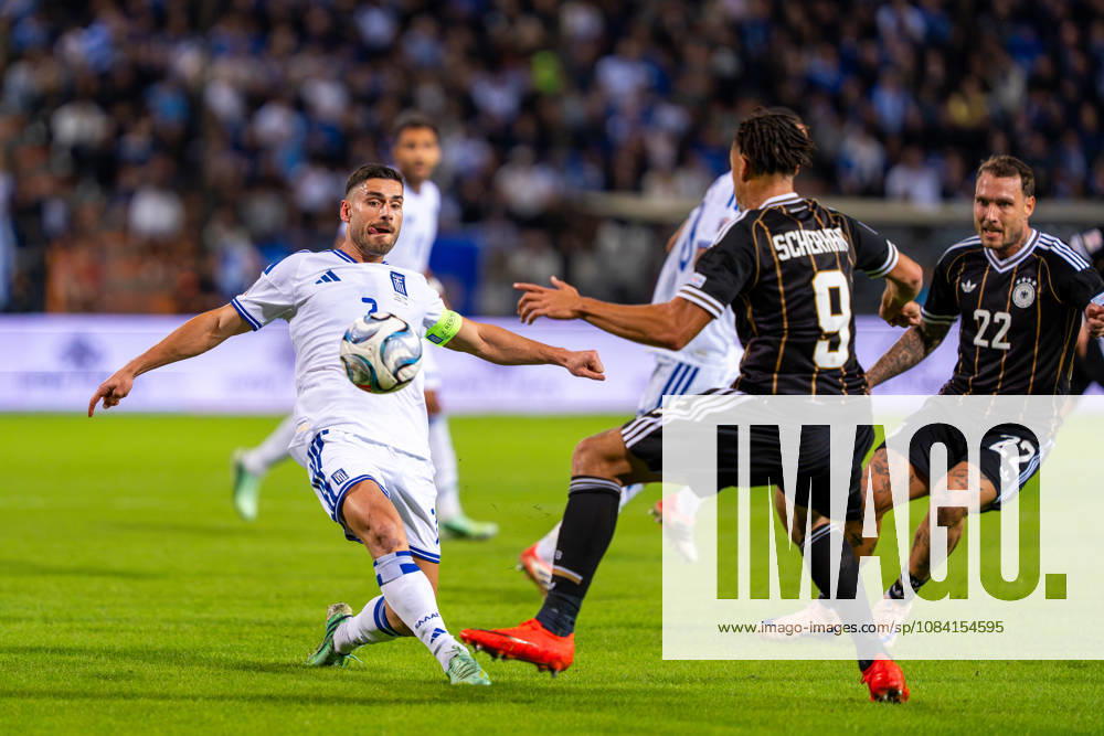 Georgios Masouras, Greece, 07; Derry Scherhant, Germany, 09; and David Raum, Germany, 22; Greece vs. Germany, Soccer, UEFA Nations League, Matchday 4, 2026–2027 Season, October 4, 2026 Greece vs. Germany, Soccer, UEFA Nations League, Matchday 4, 2026–2027 Season, October 4, 2026 Thessaloniki
