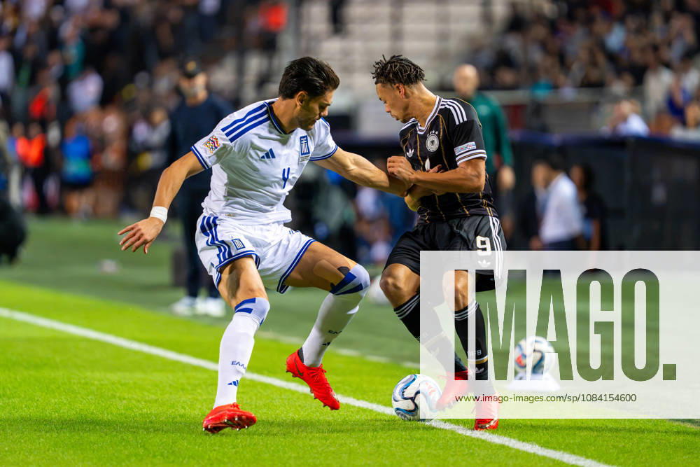 Derry Scherhant, Germany, No. 9 vs. Konstantinos Mavropanos, Greece, No. 04; Greece vs. Germany, Soccer, UEFA Nations League, Matchday 4, 2026–2027 Season, October 4, 2026 Greece vs. Germany, Soccer, UEFA Nations League, Matchday 4, 2026–2027 Season, October 4, 2026 Thessaloniki