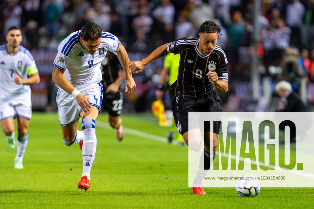 Derry Scherhant, Germany, No. 9 vs. Konstantinos Mavropanos, Greece, No. 04; Greece vs. Germany, Soccer, UEFA Nations League, Matchday 4, 2026–2027 Season, October 4, 2026 Greece vs. Germany, Soccer, UEFA Nations League, Matchday 4, 2026–2027 Season, October 4, 2026 Thessaloniki