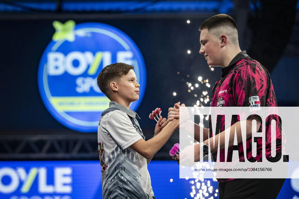 4th October 2026; Mattioli Arena, Leicester, England; PDC World Grand Prix Darts, World Grand Prix, Final Day; Danny Halliday congratulates Jack Johnson on retaining his Junior VOLT Championship in the final in Leicester 5-0 GodfreyxPitt