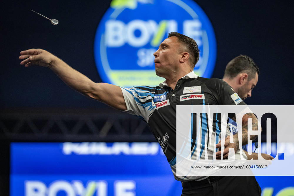 4th October 2026; Mattioli Arena, Leicester, England; PDC World Grand Prix Darts, World Grand Prix, Final Day; Gerwyn Price in action on the oche his final match against Luke Humphries GodfreyxPitt