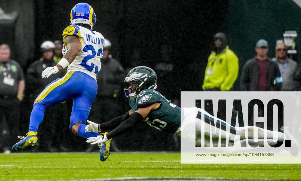 Oct 4, 2026; Philadelphia, PA, USA; Philadelphia Eagles cornerback Michael Carter II (35) just misses a tackle on Los Angeles Rams running back Kyren Williams (23) during the Rams 24-20 wins against the Eagles at Lincoln Financial Field. Mandatory Credit: -Cal Media Philadelphia USA - ZUMAcs17 20261004_faf_cs17_182