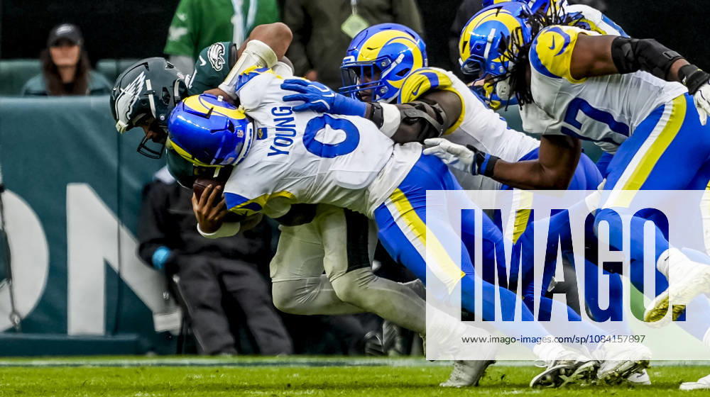Oct 4, 2026; Philadelphia, PA, USA; Philadelphia Eagles quarterback Jalen Hurts (1) is sacked on the final drive as the Rams defeat the Eagles 24-20 at Lincoln Financial Field. Mandatory Credit: -Cal Media Philadelphia USA - ZUMAcs17 20261004_faf_cs17_186