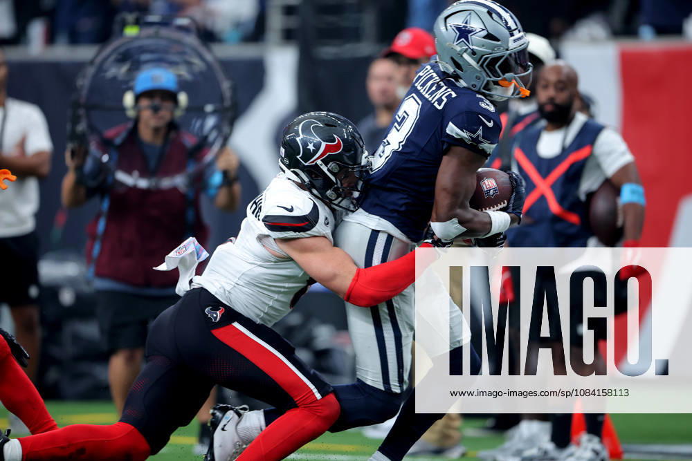 Houston, Texas, U.S: Dallas Cowboys wide receiver George Pickens (3) is tackled by Houston Texans safety Reed Blankenship (6) after a catch during the fourth quarter of the NFL, American Football Herren, USA regular season game between the Houston Texans and the Dallas Cowboys at Reliant Stadium in Houston, TX on October 4, 2026. NFL 2026 - Dallas Cowboys Vs Houston Texans - ZUMAw137 20261004_aap_w137_049