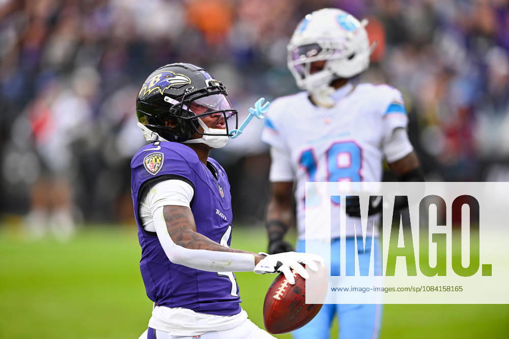Baltimore Ravens wide receiver Zay Flowers (4) scores a touchdown after a 19 yard pass reception against the Tennessee Titans during the second quarter at M&T Bank Stadium in Baltimore, Maryland, on Sunday, October 4, 2026. BAL20261004126 DAVIDxTULIS