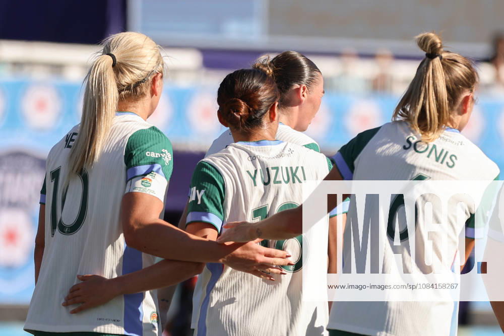Lindsey Heaps (10 Denver Summit FC) Yuzuki Yamamoto (18 Denver Summit FC) and Janine Sonis (6 Denver Summit FC) are seen during the game between the Chicago Stars FC and Denver Summit FC at Northwestern Medicine Field at Martin Stadium on Sunday, October 4 in Evanston, USA