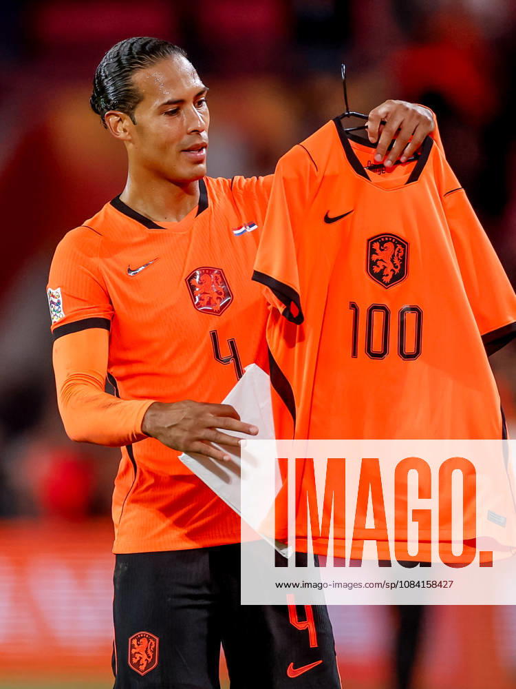 Virgil van Dijk of the Netherlands wearing a shirt showing the number 100 of international matches he has played for the Netherlands so far during the UEFA Nations League 2026 27 Group A2 MD4 match between Netherlands and Serbia at Philips Stadion on October 04, 2026 in Eindhoven, Netherlands.
