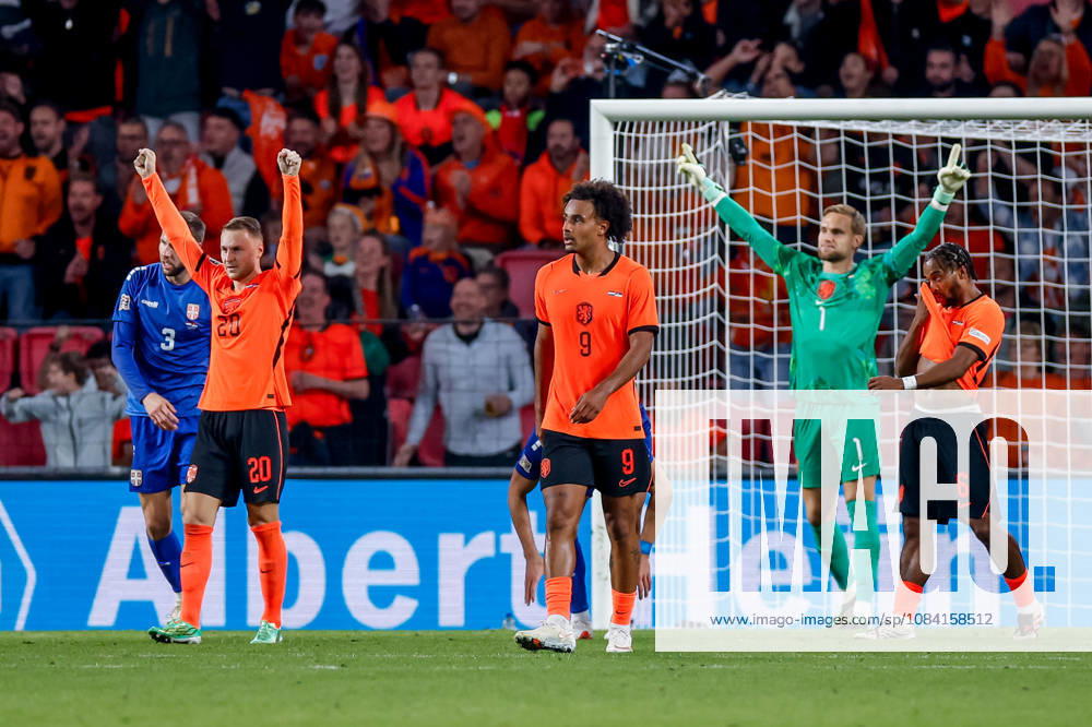Teun Koopmeiners of Netherlands Joshua Zirkzee of Netherlands, goalkeeper Bart Verbruggen of Netherlands celebrate the win during the UEFA Nations League 2026 27 Group A2 MD4 match between Netherlands and Serbia at Philips Stadion on October 04, 2026 in Eindhoven, Netherlands.
