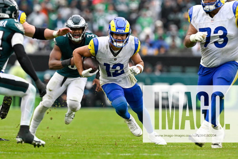 PHILADELPHIA, PA - OCTOBER 04: Los Angeles Rams wide receiver Puka Nacua 12 runs with the ball after a catch during the game between the Philadelphia Eagles and the Los Angeles Rams on October 4th, 2026 at Lincoln Financial Field in Philadelphia, PA. (Photo by Terence Lewis Icon Sportswire) NFL, American Football Herren, USA OCT 04 Rams at Eagles Icon261004033