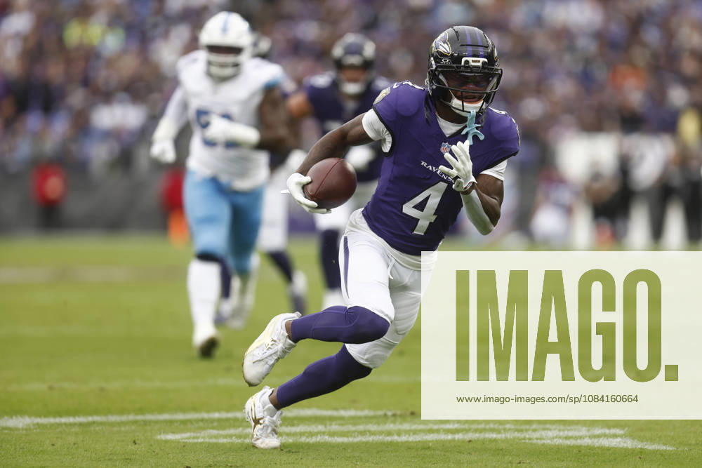 Baltimore Ravens wide receiver Zay Flowers (4) runs to the end zone for a 19-yard touchdown reception during the second quarter of an NFL, American Football Herren, USA game against the Tennessee Titans on Oct 4, 2026; Baltimore, MD, USA; at M&T Bank Stadium. Baltimore won 24-18. Mandatory Credit: -Cal Media Baltimore USA - ZUMAc04_ 20261004_zma_c04_112
