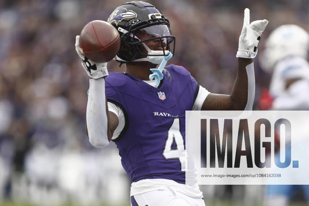 Baltimore Ravens wide receiver Zay Flowers (4) reacts to his 19-yard touchdown reception during the second quarter of an NFL, American Football Herren, USA game against the Tennessee Titans on Oct 4, 2026; Baltimore, MD, USA; at M&T Bank Stadium. Baltimore won 24-18. Mandatory Credit: -Cal Media Baltimore USA - ZUMAc04_ 20261004_zma_c04_203
