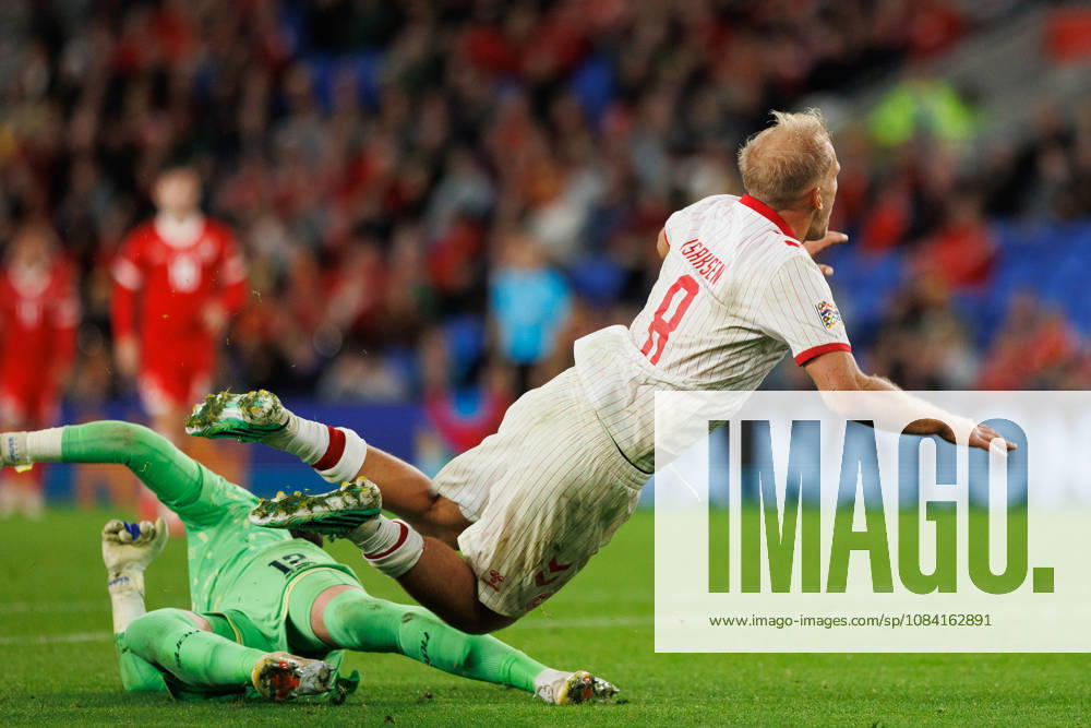 4th October 2026; Cardiff City Stadium, Cardiff, Wales; UEFA Nations League Football, Wales versus Denmark; Gustav Isaksen of Denmark is fouled by Danny Ward of Wales to draw penalty kick AmandaxMcMaster