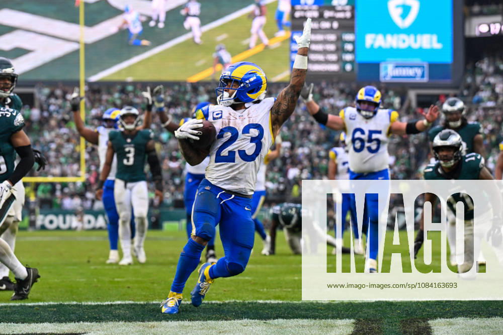PHILADELPHIA, PA - OCTOBER 04: Los Angeles Rams running back Kyren Williams 23 celebrates scoring a touchdown during the game between the Philadelphia Eagles and the Los Angeles Rams on October 4th, 2026 at Lincoln Financial Field in Philadelphia, PA. (Photo by Terence Lewis Icon Sportswire) NFL, American Football Herren, USA OCT 04 Rams at Eagles Icon261004038
