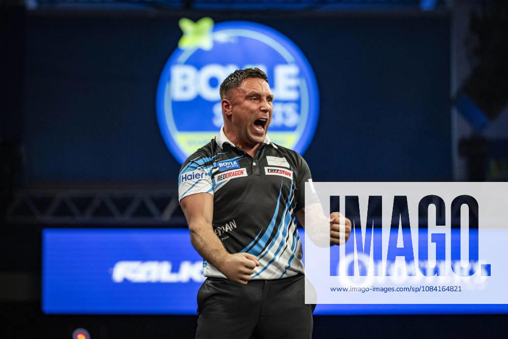 4th October 2026; Mattioli Arena, Leicester, England; PDC World Grand Prix Darts, World Grand Prix, Final Day; Gerwyn Price celebrates winning a set in his final match against Luke Humphries GodfreyxPitt