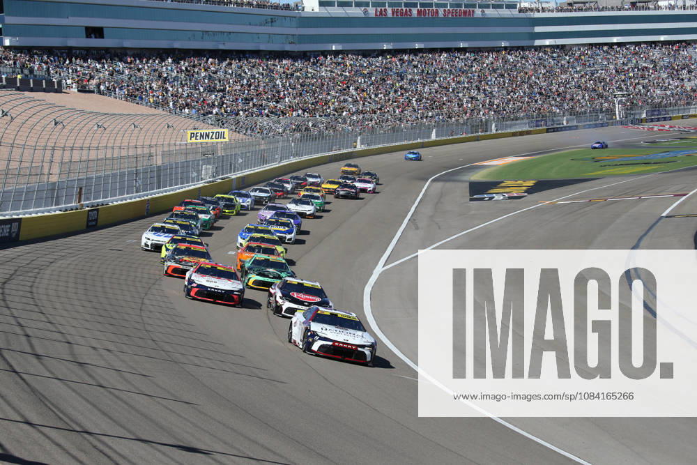 LAS VEGAS, NV - MARCH 04: Denny Hamlin ( 11 Joe Gibbs Racing National Debt Relief Toyota) leads the opening lap of the South Point 400 NASCAR, Motorsport, USA Cup Series Chase playoff race on October 4, 2026 at Las Vegas Motor Speedway in Las Vegas, NV. (Photo by Jeff Speer LVMS Icon Sportswire) AUTO: OCT 04 NASCAR Cup Series Playoffs South Point 400 Icon26100410801