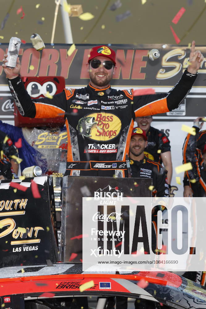 LAS VEGAS, CA - OCTOBER 04: Chase Briscoe ( 19 Joe Gibbs Racing Bass Pro Shops Toyota) celebrates in victory lane after winning the South Point 400 NASCAR, Motorsport, USA Cup Series Chase playoff race on October 4, 2026 at Las Vegas Motor Speedway in Las Vegas, NV. (Photo by Jeff Speer LVMS Icon Sportswire) AUTO: OCT 04 NASCAR Cup Series Playoffs South Point 400 Icon26100423529