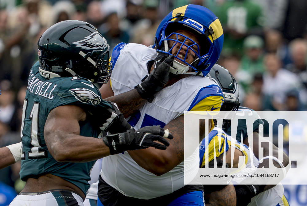 Oct 4, 2026; Philadelphia, PA, USA; Philadelphia Eagles linebacker Jihaad Campbell (11) and Los Angeles Rams offensive tackle Alaric Jackson (77) battle at the line of scrimmage during the Rams 24-20 win against the Eagles at Lincoln Financial Field. Mandatory Credit: -Cal Media Philadelphia USA - ZUMAcs17 20261004_faf_cs17_193