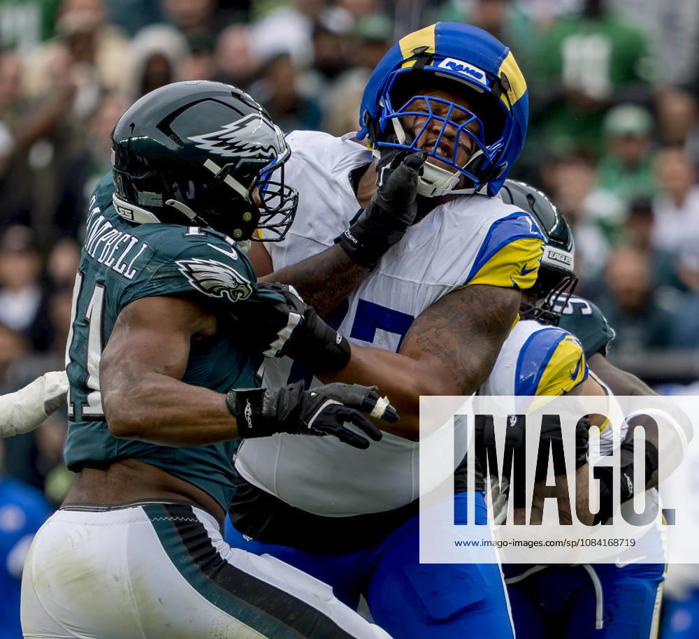 Oct 4, 2026; Philadelphia, PA, USA; Philadelphia Eagles linebacker Jihaad Campbell (11) and Los Angeles Rams offensive tackle Alaric Jackson (77) battle at the line of scrimmage during the Rams 24-20 win against the Eagles at Lincoln Financial Field. Mandatory Credit: -Cal Media Philadelphia USA - ZUMAcs17 20261004_faf_cs17_194