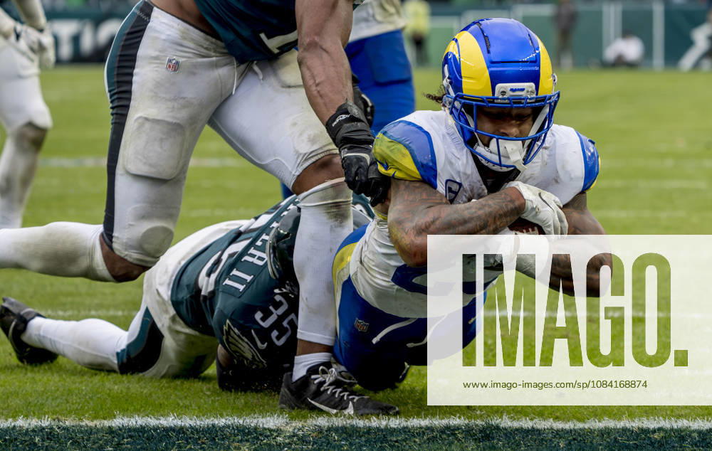 Oct 4, 2026; Philadelphia, PA, USA; Los Angeles Rams running back Kyren Williams dives for the game winning touchdown during the Rams 24-20 win against the Eagles at Lincoln Financial Field. Mandatory Credit: -Cal Media NFL, American Football Herren, USA 2026: Rams Vs Eagles OCT 04 - ZUMAcs17 20261004_faf_cs17_208