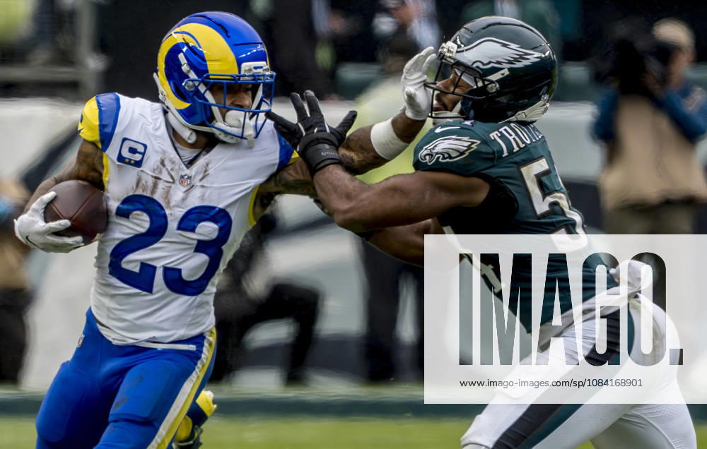 NFL, American Football Herren, USA 2026: Rams Vs Eagles OCT 04 October 4, 2026, Philadelphia, Pa, USA: Oct 4, 2026; Philadelphia, PA, USA; Los Angeles Rams running back Kyren Williams (23) stiff arms Philadelphia Eagles linebacker Jeremiah Trotter Jr. (54) as he heads to the sidelines on a rushign attempt during the Rams 24-20 win against the Eagles at Lincoln Financial Field. Mandatory Credit: Scott Serio-Cal Media(Credit Image: Scott Serio Cal Sport Media) Philadelphia Pa USA