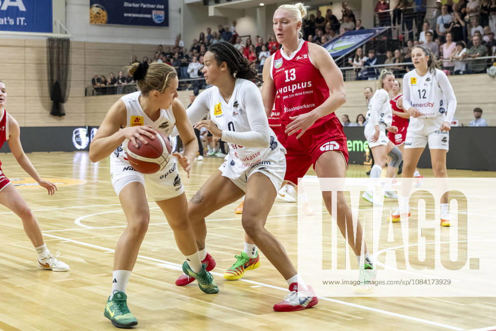 Toyota DBBL 2026–2027: HalFit Lions vs. TK Hannover, Halle Saale, Germany, October 4, 2026. Pictured, from left: Lovisa Hjern (Hannover), Nora Francois (Hannover), and Marta Miscenko (Halle Saale), swh Arena, Saxony-Anhalt, Germany